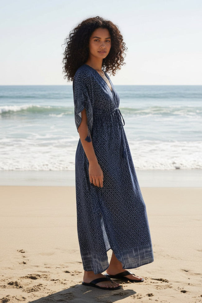 SLDVDPY__DD_La Bohème Satin Empire-Waist Kaftan Navy Blue Print Dress 2