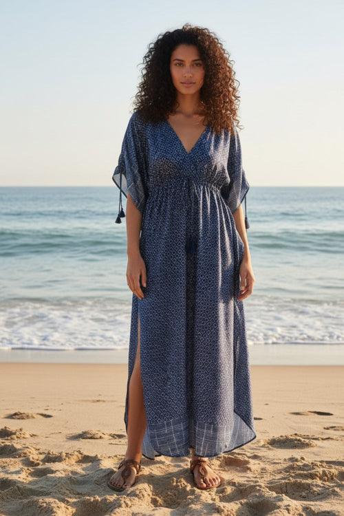 SLDVDPY__DD_La Bohème Satin Empire-Waist Kaftan Navy Blue Print Dress 3