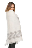 SLF15B3_Eggshell_Plaid Border Blanket Oversize Square Wrap with Raw Detail in Eggshell White with Lt Grey spun by subtle luxury winter blanket wrap scarves