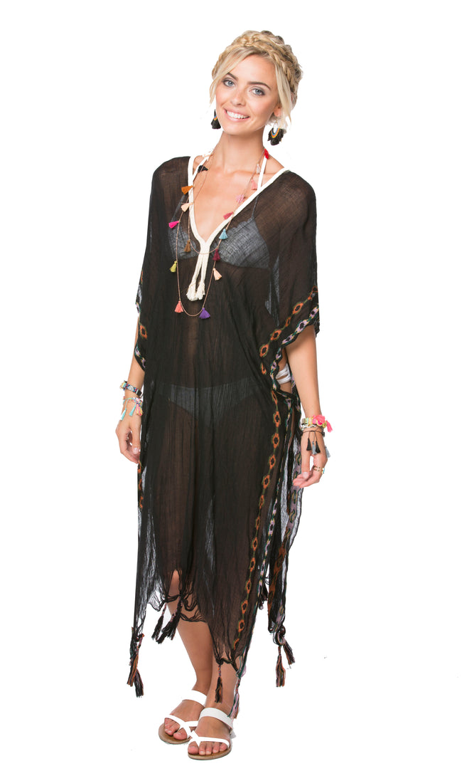 Aztec Embroidery Novelty  Maxi Kaftan Coverup