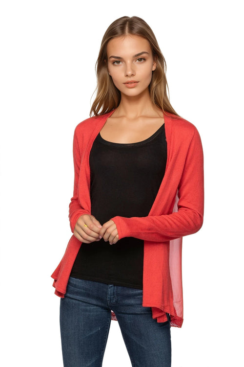 SLLTJCS-Capri Red Open Front Cardigan Sweater with Silk Chiffon with Lace Edge Detail