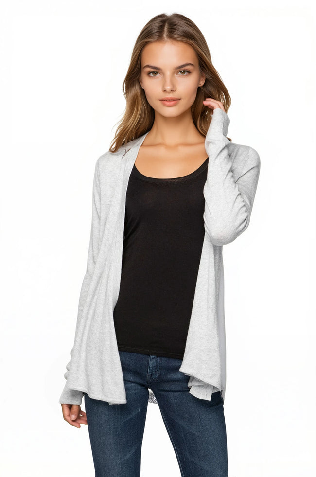 SLLTJCS-Pearl Lt Grey  Open Front Cardigan Sweater with Silk Chiffon with Lace Edge Detail