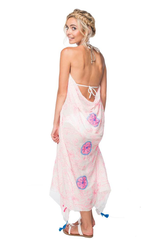 Maxi Tassel Sundress Coverup in Flower Stitches Embroidery