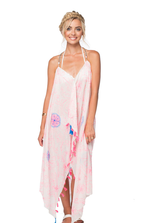 Maxi Tassel Sundress Coverup in Flower Stitches Embroidery