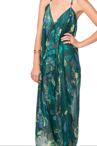 SLMTDMW1_Green Maxi Tassel Coverup Sundress in Painted Petals Print