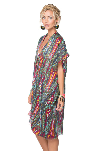 Mod Paisley Print Crepe Mid-Length Woven Kimono Coverup