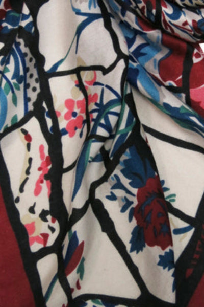 Oversized Scarf Wrap in Glass Flower Red Border Print