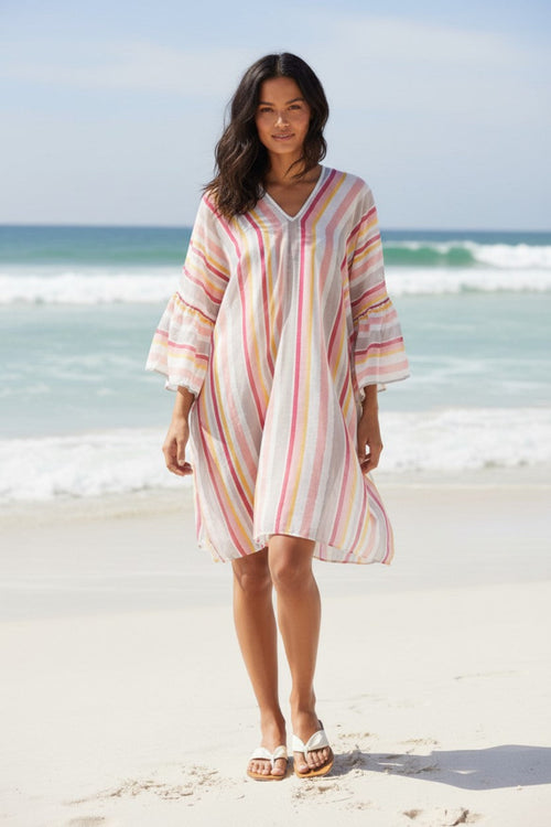 Sahara Stripe Sheer Print Bell Kaftan Coverup
