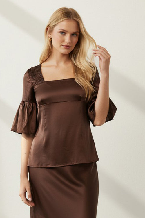 Almost Vintage Smocked Square Neck Silk Satin Top