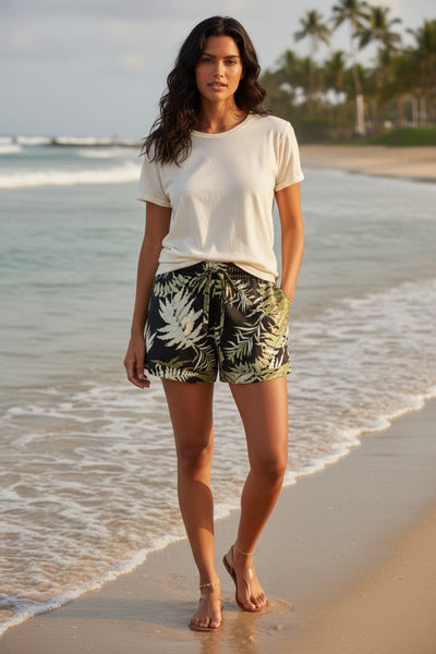 Sasha Drawstring Lounge Shorts in bold fern black