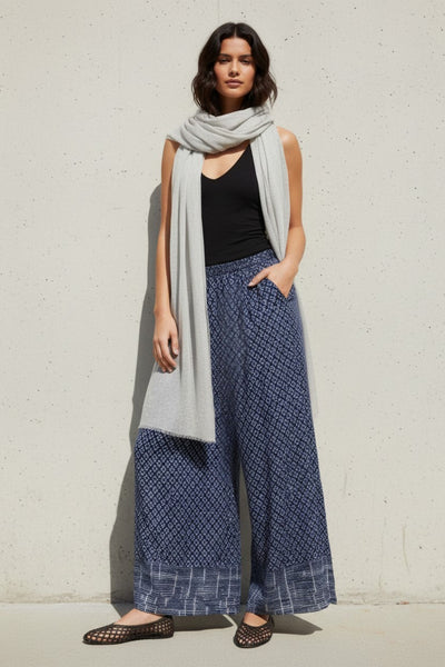 Satin Wrap-Front Elastic Waist Palazzo Pants denim blue print