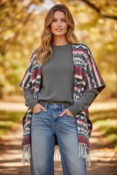 Nordic Woven Blanket Fringe Poncho Wrap – Multi Color