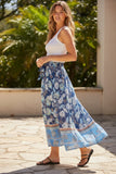 Seaside Cotton Print Wrap Skirt Multi-Wear Coverup-Blue Border Print Floral Tapestry
