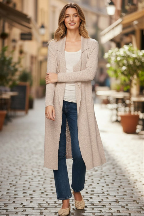 Season-less Chic Sweater Knit Long Cardigan Robe Wrap with Belt oatmeal tan