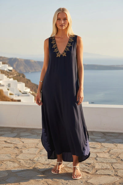 Sequin Rayon Maxi Length Tank Dress with Embellished Metallic Detail black with gold 1