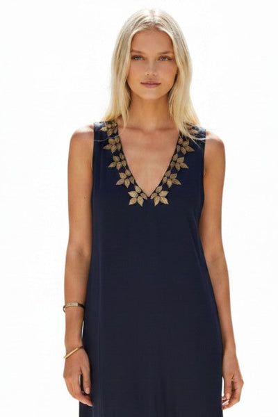 Sequin Rayon Maxi Length Tank Dress with Embellished Metallic Detail black with gold