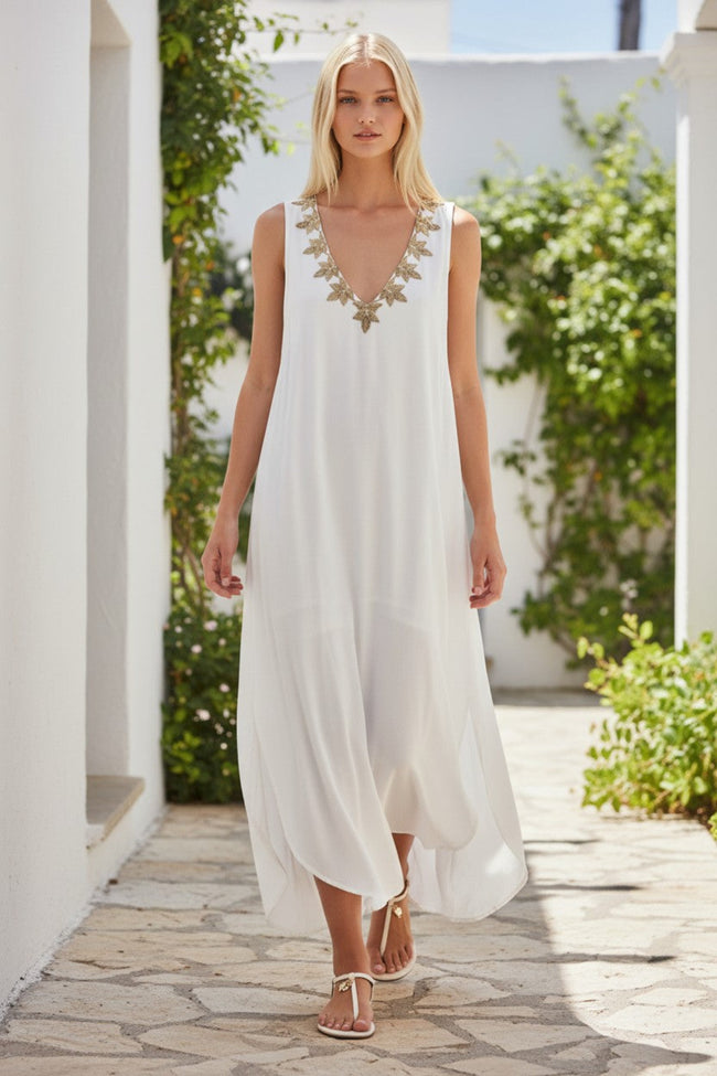 Sequin Rayon Maxi Length Tank Dress with Embellished Metallic Detail white with gold