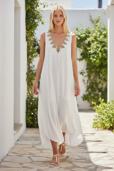 Sequin Rayon Maxi Length Tank Dress with Embellished Metallic Detail white with gold