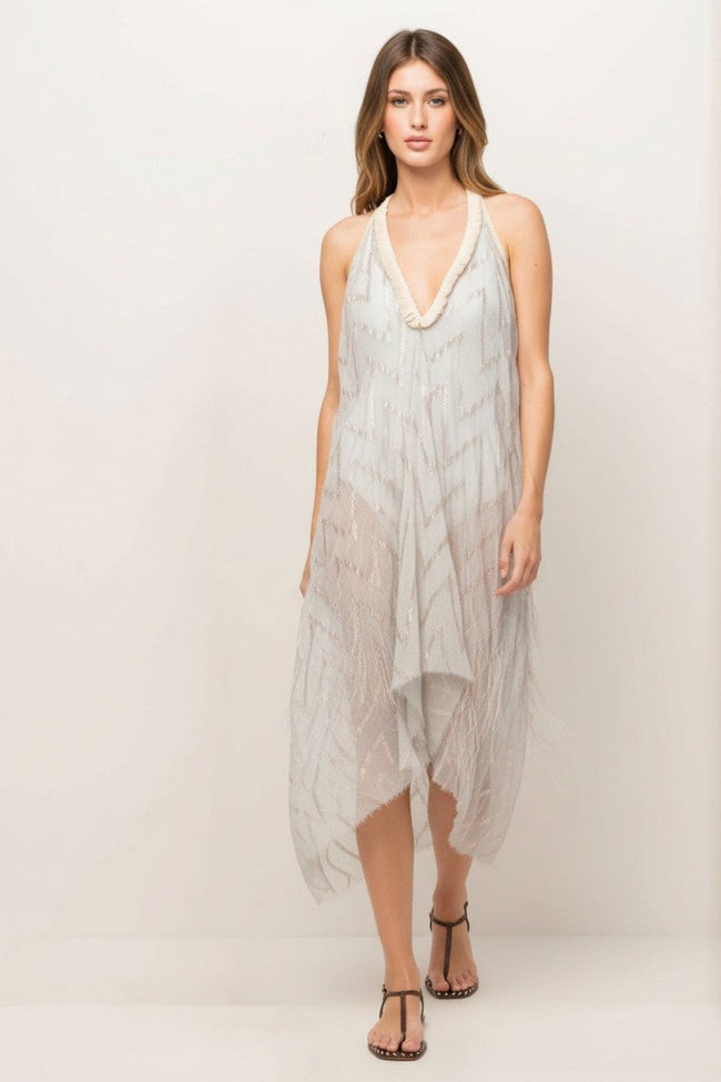 Shimmer Metallic Zig Zag Sheer Print Fringe Halter Coverup Sundress 4