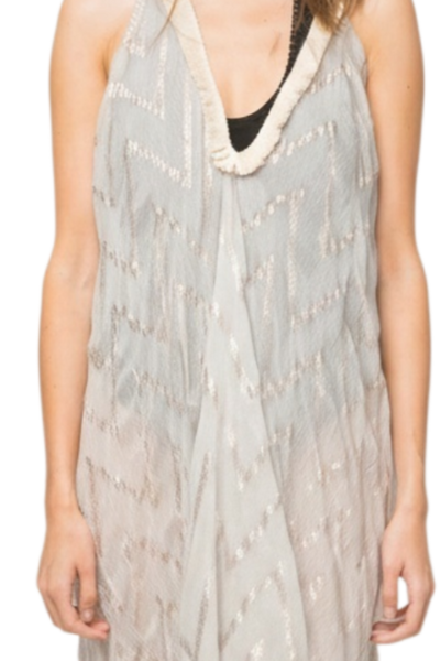 Shimmer Metallic Zig Zag Sheer Print Fringe Halter Coverup Sundress close up