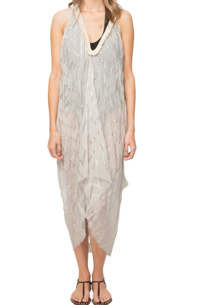 Shimmer Metallic Zig Zag Sheer Print Fringe Halter Coverup Sundress