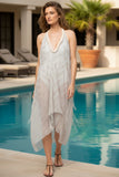 Shimmer Metallic Zig Zag Sheer Print Fringe Halter Coverup Sundress  mood