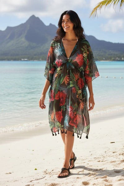 Signature Isle Cover-Up Dress in Hibiscus Garden Black Floral Print