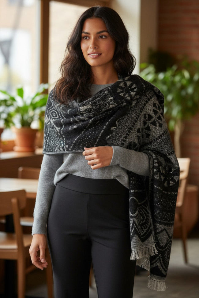 Snowflake Intarsia Warm and Comfy Brushed Blanket Wrap black grey 4