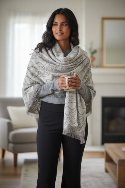 Snowflake Intarsia Warm and Comfy Brushed Blanket Wrap white grey