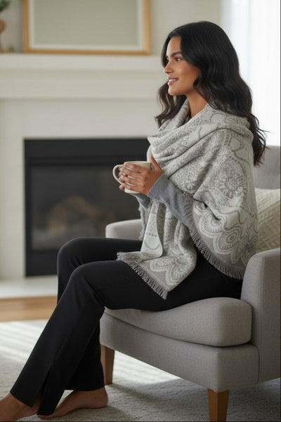 Snowflake Intarsia Warm and Comfy Brushed Blanket Wrap white ivory taupe