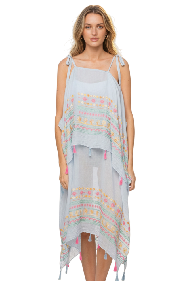 Spring Flowers Powder Blue with Multi-Color Embroidery Coastal Getaway Coverup Sundress