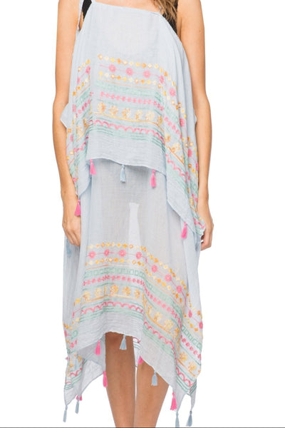 Spring Flowers Powder Blue with Multi-Color Embroidery Coastal Getaway Coverup Sundress