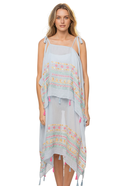 Spring Flowers Powder Blue with Multi-Color Embroidery Coastal Getaway Coverup Sundress