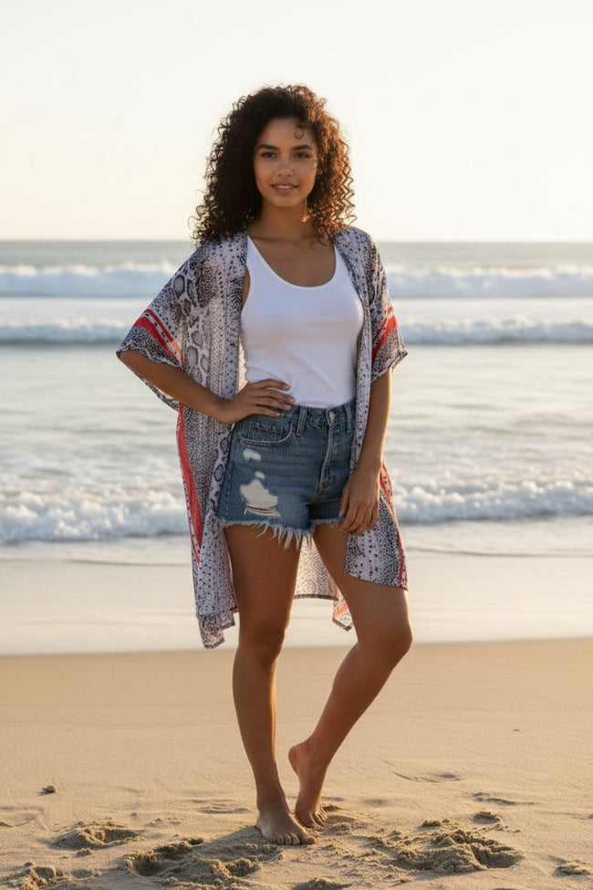 Striped Scales Black and White Red Border Coverup Kimono 2