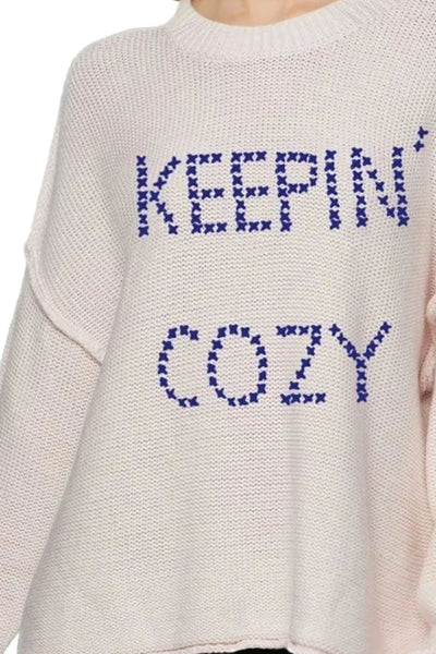 Subtle Luxury Sweater Chunky Cotton Blend Pullover Sweater- Cross Stitch "Keepin' Cozy" hand embroidery Ivory