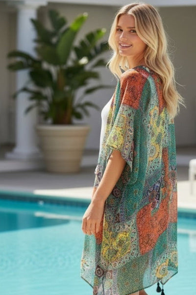 Summer Bazaar Patchwork Green, Yellow and Orange Print Coverup Kimono Wrap 2