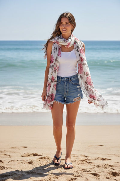 Summer Romance Metallic Accent Large Scale Flower Wrap Scarf Sarong white red flower