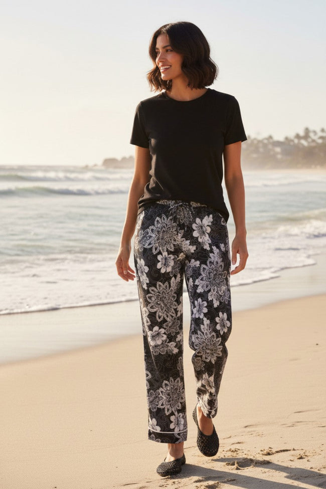 Swirl Floral Print Satin Pull On Elastic Lounge Pant 2