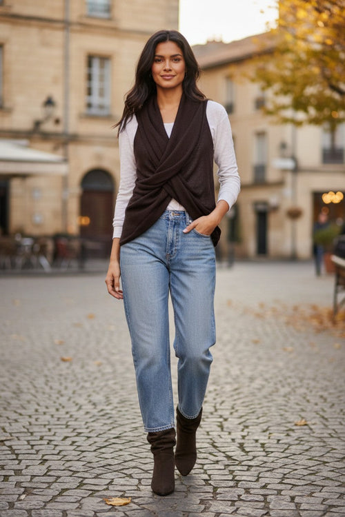 Tencel Cashmere Sweater Knit Blend in Open Stitch Twist Drape Vest in Truffle brown 2