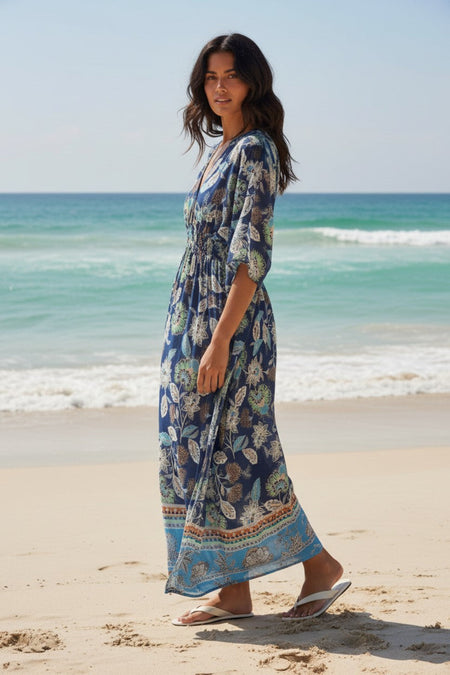 Nightfall Dark Blue Abstract Stamp Print Isle Sundress Cover-Up