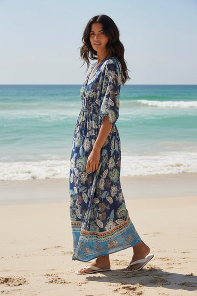 The Oasis Cotton Print Maxi Length Sundress Coverup floral border blue