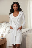 The Pippa Comfy Robe Jersey Knit Short Tie Robe, white with grey