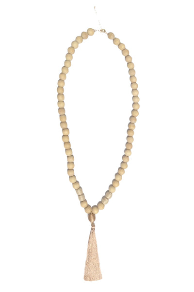 The Sundrift Wood Beaded Pendent Statement Tassel Necklace