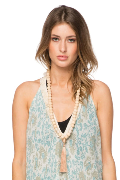Pool to Party Jewelry Wooden Beads Tassel Necklace / one size / Natural Wooden Beads Long Tassel Statement Necklace, The Sundrift Wood Beaded Pendent Statement Tassel Necklace