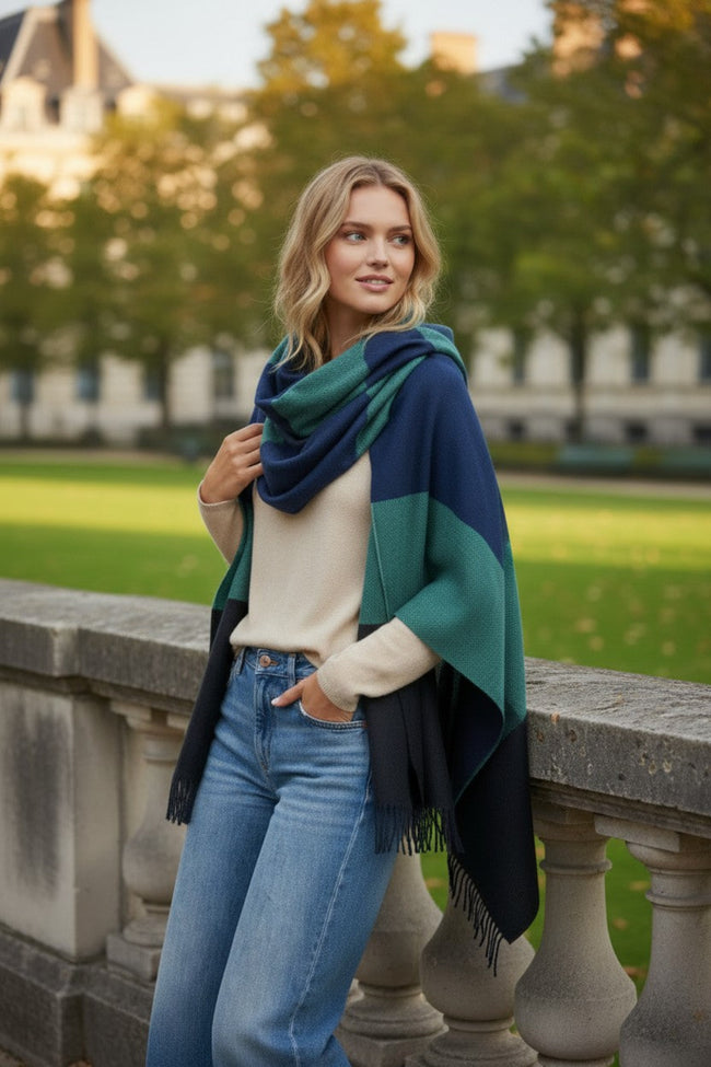 Triple Blocked Color Winter Soft and Comfy Blanket Wrap Scarf blue navy turq