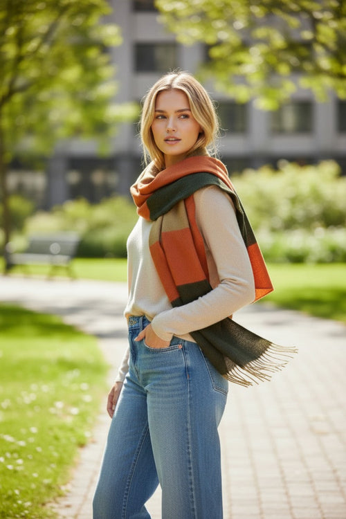 Triple Blocked Color Winter Soft and Comfy Blanket Wrap Scarf burnt orange olive