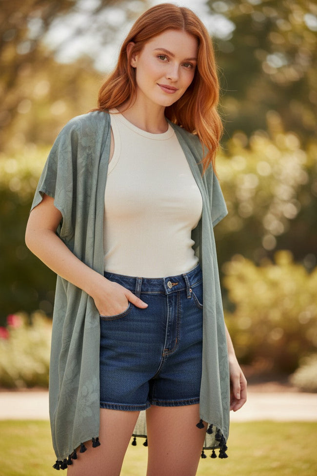 Twilight Bloom Tonal Jacquard Fabric Kimono Wrap Coverup