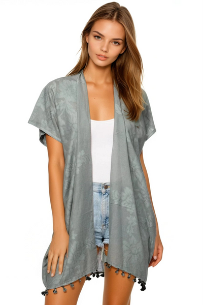 Twilight Bloom Tonal Jacquard Fabric Kimono Wrap Coverup