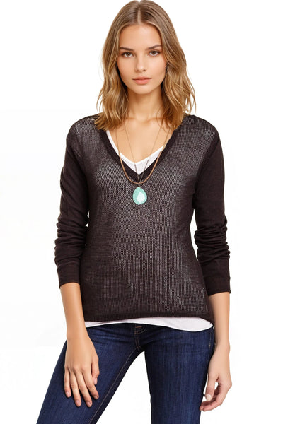 Subtle Luxury Sweater V-Neck Sweater | Open Knit Stitch Sheer Front | Tencil - Cashmere Blend Knit