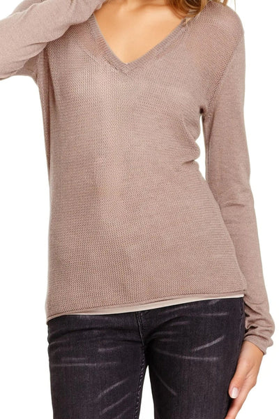 V-Neck Sweater | Open Knit Stitch Sheer Front | Tencil - Cashmere Blend Knit mauve pink tan Subtle Luxur yCashmere